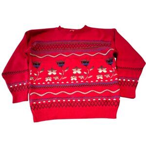 Vintage Alberoy‎ Red Floral Pattern Knit Sweater L Made In U.S.A.